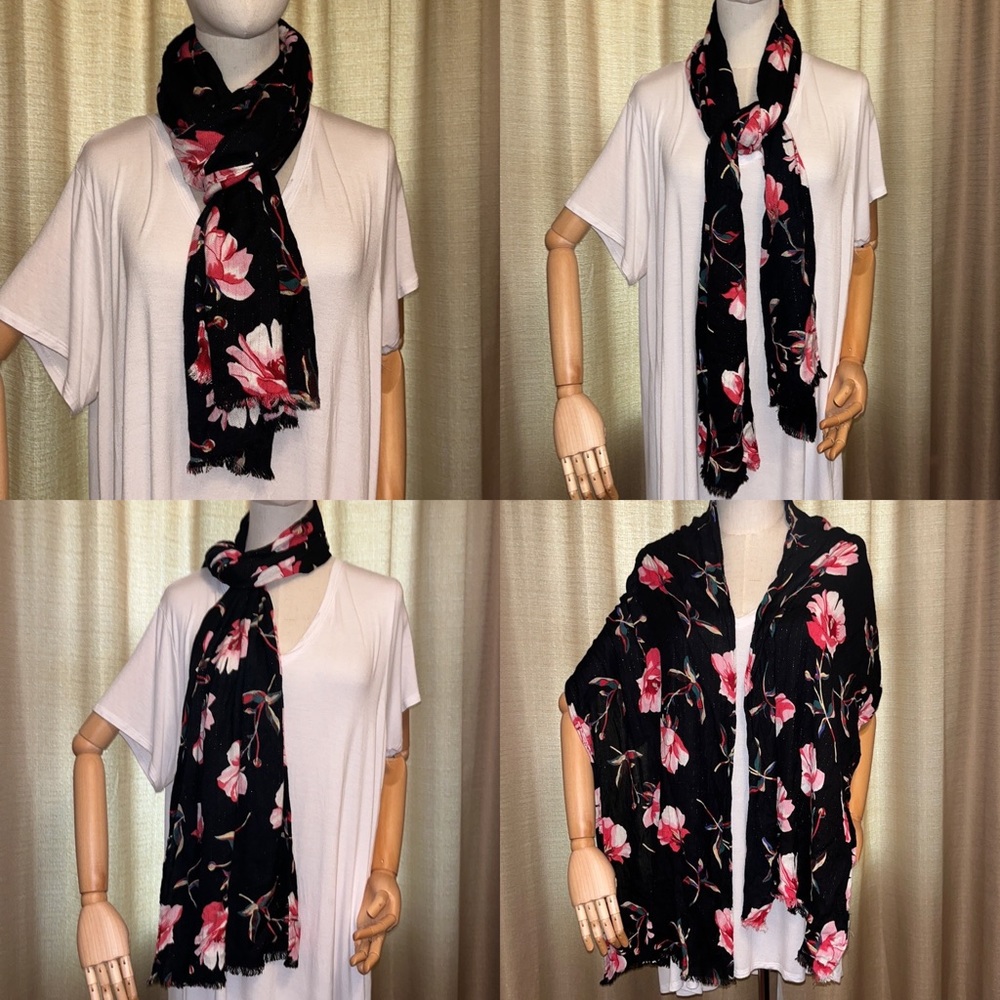 Max Edition Floral Scarf Wrap with Fringe Ends Pink Black